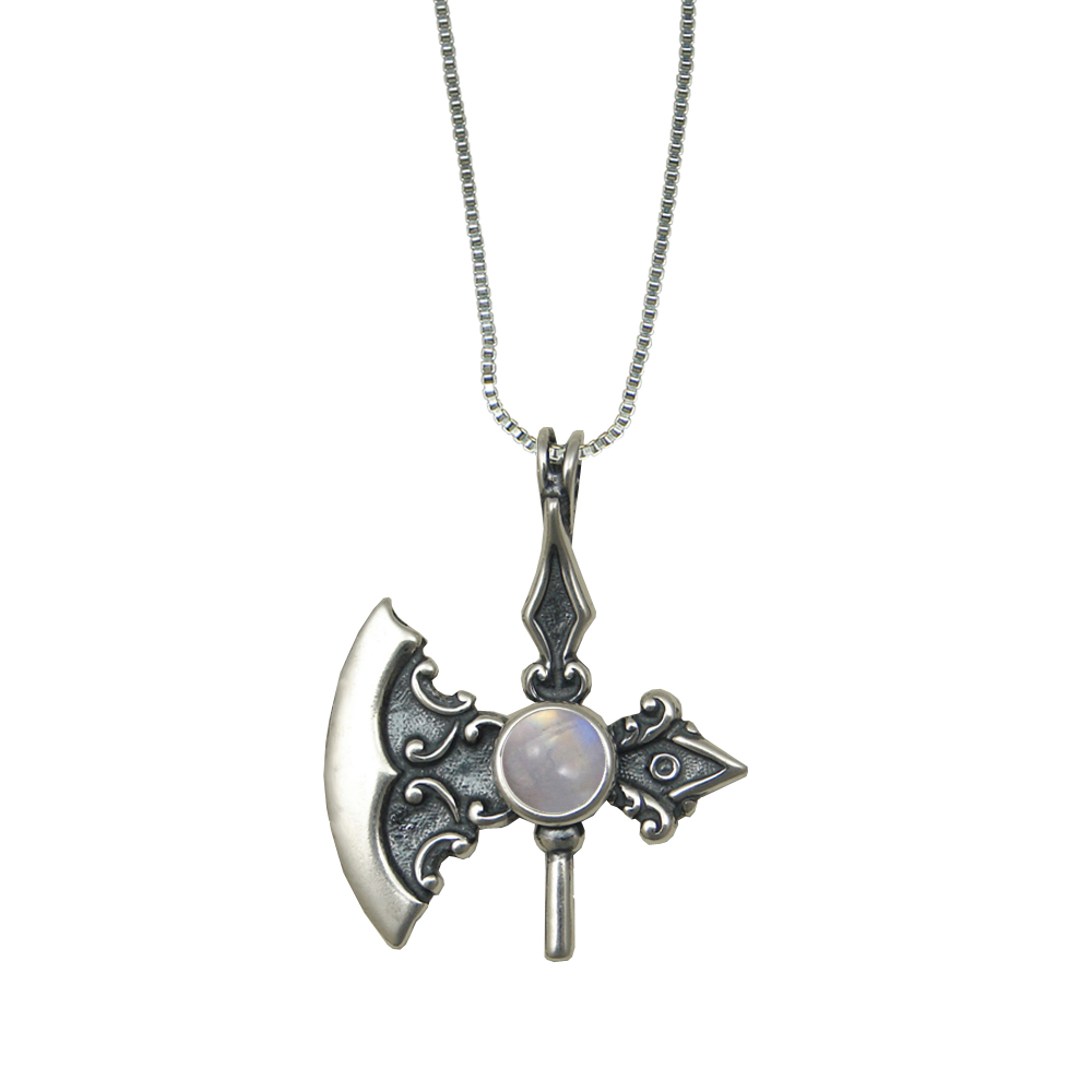 Sterling Silver Royal Battle Axe Pendant With Rainbow Moonstone